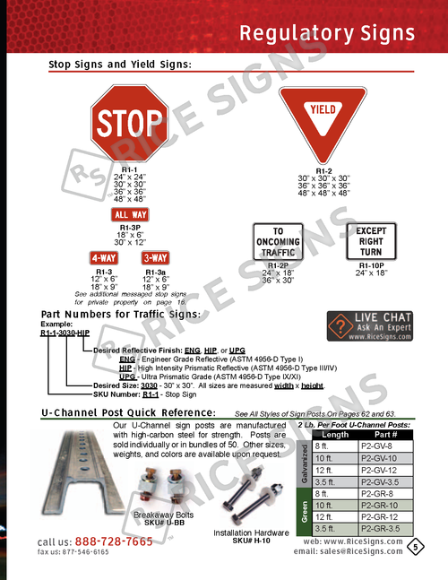 Rice Signs catalog page 5 — Regulatory Signs section showing R1-1 stop signs, R1-2 yield signs, R1-3, R1-3a, and R1-3P multi-way stop plaques, R1-2P to oncoming traffic plaque, R1-10P except right turn plaque, galvanized and green U-channel sign posts, breakaway hardware, and H-10 sign installation hardware.