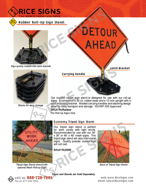 Rice Signs catalog page 50 — start of the Work Zone Safety section showing the RU-Rubber Roll-Up Sign Stand with a Detour Ahead roll-up sign mounted, a heavy-duty rubber weighted base, integrated carrying handle, latch bracket, and quick-deploy sliding mechanism designed for windy conditions; and the Economy Tripod Sign Stand (RU2500-Tripod) with a Utility Work Ahead roll-up sign, compact tripod-fold design, and front/back views showing the stable three-leg footprint.
