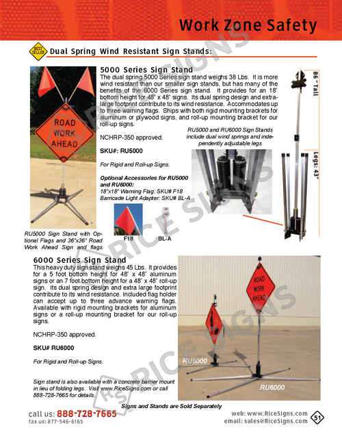 Rice Signs catalog page 51 — Work Zone Safety section detail of the RU3000 Dual-Spring Wind-Resistant Sign Stand with twin 45-degree wind springs for stability, lower spring profile to reduce wind catch, and accessories including the RU5000 base and RU6000 sign panel holder; and the RU5000 Sign Stand with heavy-duty foundation construction, compatibility with both pole-up aluminum signs and mesh roll-up signs, and optional accessories.