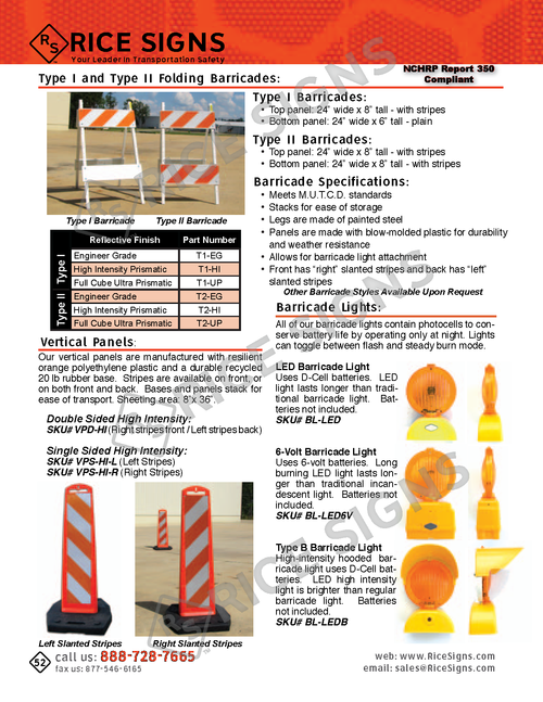 Rice Signs catalog page 52 — Work Zone Safety section showing Type I Folding Barricades (single panel 24 by 8 inch top with diagonal stripe pattern), Type II Folding Barricades (top, middle, and bottom panels stacked), molded plastic panel construction in left-slanted and right-slanted stripe orientations, compact folding storage capability, plus LED Barricade Lights, 8 inch Barricade Lights, and Type II Barricade Light accessories for night-time work zone visibility.
