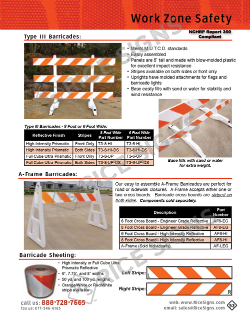 Rice Signs catalog page 53 — Work Zone Safety section showing Type III Barricades with 8 foot tall blow-molded plastic panels, single-sided or double-sided stripes, integrated upright attachments for flags and barricade lights, and fillable bases for wind resistance; A-Frame Barricades for road and sidewalk closures with easy-assembly design; and Reflective Sheeting for Barricades available in 4 inch, 6 inch, and 8 inch panel widths with left-slant or right-slant stripe orientation.