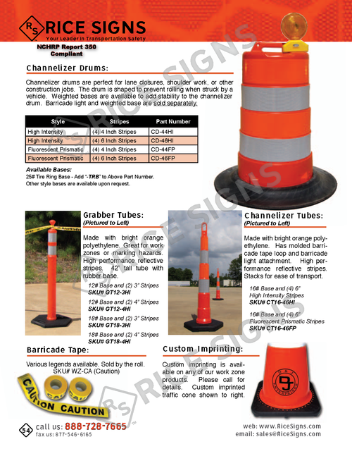 Rice Signs catalog page 54 — Work Zone Safety section showing CD-44FP and CD-44HI 44 inch Channelizer Drums and CD-46FP and CD-46HI 46 inch Channelizer Drums with fluorescent prismatic and high-intensity reflective stripes, GT12-3HI and GT12-4HI 12 inch Grabber Tubes and GT18-3HI and GT18-4HI 18 inch Grabber Tubes, CT16-46FP and CT16-46HI Channelizer Tubes, plus barricade caution tape and custom-imprinted traffic cones with logo printing.