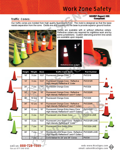 Rice Signs catalog page 55 — Work Zone Safety section showing PVC Traffic Cones in three standard heights (18 inch, 28 inch, 36 inch) and two colors (standard orange and fluorescent lime green) with optional reflective collars indicated by the R suffix. Products include PVCS18, PVCS18R, PVCS18-Lime, PVCS18R-Lime, PVCS28, PVCS28R, PVCS28-Lime, PVCS28R-Lime, PVCS36, PVCS36R, and the heavy-base PVCH36R, plus PVCW and PVC-T-CAP accessories.