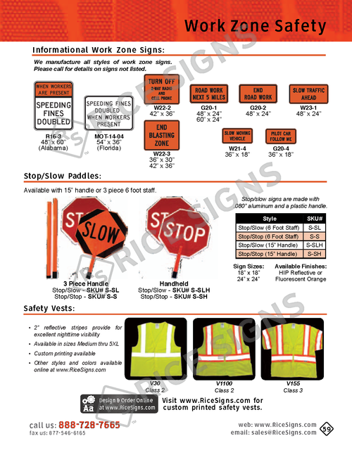 Rice Signs catalog page 59 — Work Zone Safety section showing Informational Work Zone Signs (Speeding Fines Double, R16-3 Headlights Required, MOT-14-04, G20-1 Road Work Next XX Miles, G20-2 End Road Work, G20-4 informational, W21-4, W22-2 and W22-3 Blasting Zone, W23-1 Slow Traffic Ahead), Stop/Slow Paddles (S-SL standard 24 inch and S-SLH lighted handheld paddles, plus 5-position and handheld variants), and ANSI-rated Safety Vests V30, V155, and V1300 with high-visibility yellow-green or orange backgrounds and reflective stripes.