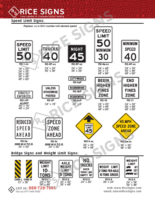 Rice Signs catalog page 6 — Speed Limit Signs section showing R2-1 speed limit, R2-2P truck speed plaque, R2-3P night speed plaque, R2-4a minimum speed, R2-4p minimum speed plaque, R2-5 supplementary plaques for citywide, neighborhood, and residential zones, R2-10 and R2-11 higher fines zone signs, W3-5 reduced speed warnings, OM3 object markers, and R12 bridge weight limit signs.