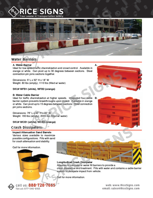 Rice Signs catalog page 60 — final Work Zone Safety section page showing Water-filled Barriers in the A-Walk and B-Wave models, SKAR W/RV crash-rated water barriers in 8 by 3 inch and 6 by 4 inch dimensions, Impact Attenuators and Crash Dissipators using sand-filled canisters arranged in absorbing arrays in front of fixed roadside hazards, and Longitudinal Channelizer Barriers for separating opposing traffic flows in long-duration work zones.