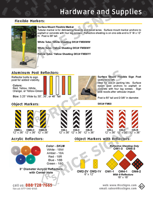 Rice Signs catalog page 61 — start of the Hardware and Supplies section showing Flexible Surface Mount Markers in white, yellow, orange, and red colors; Aluminum Post Reflectors in the APR-348 family (Left, Right, White, Yellow); Acrylic Markers in clear and amber for low-profile reflective applications; and Object Markers with attached reflectors in the OM1-1, OM1-2, OM1-3, OM2-1V, OM2-2V, OM3-C/L/R, and OM4-1/2 series.