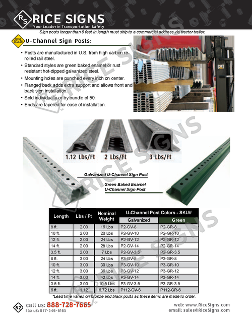 Rice Signs catalog page 62 — Hardware section showing U-Channel Sign Posts in three weight grades — 1.12 lb/ft light-duty, 2 lb/ft medium-duty, and 3 lb/ft heavy-duty — with detail callouts highlighting the high-tensile recycled rail steel, embossed weight stamp on each post, pre-punched mounting holes on 1 inch centers compatible with U-channel and square post hardware, and galvanized and green powder-coat finish options. Available in 6 ft, 7 ft, 8 ft, 10 ft, and 12 ft lengths.
