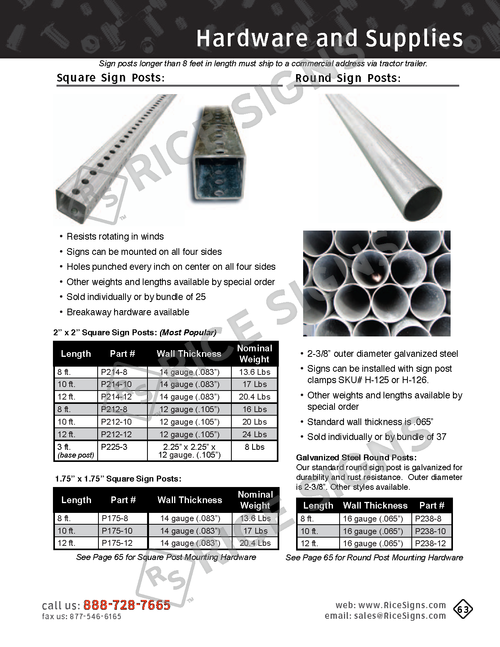 Rice Signs catalog page 63 — Hardware section showing Square Sign Posts in 1.5 inch, 1.75 inch, 2 inch, 2.25 inch, and 2.5 inch profiles for telescoping installations (smaller posts slide inside larger anchor posts), and Round Sign Posts in 2 3/8 inch and 2 7/8 inch outside diameters with galvanized and powder-coated finishes, used for heavy-duty highway and freeway sign mounting.