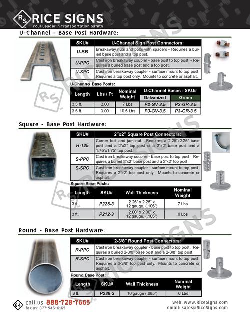 Rice Signs catalog page 64 — Hardware section showing Base Post Hardware in three families. U-Channel: U-PPC Primary Post Connector and U-SPC Secondary Post Connector form a two-piece breakaway anchor that releases the sign post on impact. Square: S-PPC and S-SPC perform the same function for square posts. Round: R-PPC and R-SPC for round-post installations. Detail callouts show the anchor stub, foundation sleeve, and shear bolts that enable controlled break-away at the ground line.