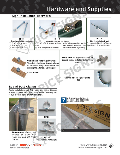 Rice Signs catalog page 65 — Hardware section showing Sign Installation Hardware including H-10 hex-head sign bolts in standard, galvanized (H-10-G), plain steel (H-10-P), and stainless steel (H-10-SS) finishes; vandal-resistant nut and bolt sets; H-110 Chain-Link Fence Sign Brackets (H-110, H-110-T, H-110-U variants); and Round Post Clamps H-115, H-125, H-126, H-130, H-135, H-150, and H-190 for mounting signs to round poles of various diameters; plus Photo Adapter accessories.