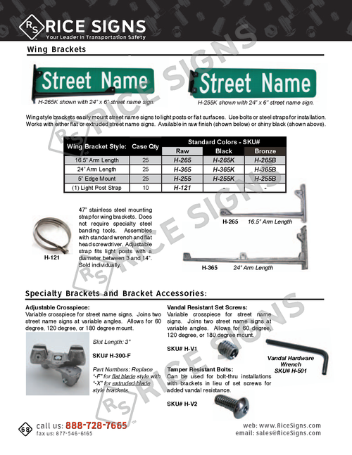 Rice Signs catalog page 68 — Hardware section showing Wing Brackets that cantilever a street name sign out from the side of a round post, available in standard 15 inch reach and longer reach variants for wider street installations, plus decorative wing bracket styles with scroll-work or ornamental finials, and specialty street name hardware H-300-F, H-365, H-501, H-590-F, plus the H-V1 and H-V2 decorative vintage-style brackets.