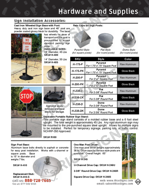 Rice Signs catalog page 69 — Hardware section showing Sign Installation Accessories including the H-238-C Cast Iron Wheeled Sign Base with Post (heavy decorative cast iron base on caster wheels for portable signage), the H-238-D dome-style cast iron base, and lightweight portable sign post bases including H-175-P, H-200-P, H-245, H-246u, H-400, H-405, and H-410 in various weights, materials (cast iron, polypropylene, recycled rubber), and load capacities for temporary signage, parking lot installations, and short-duration sign deployment.