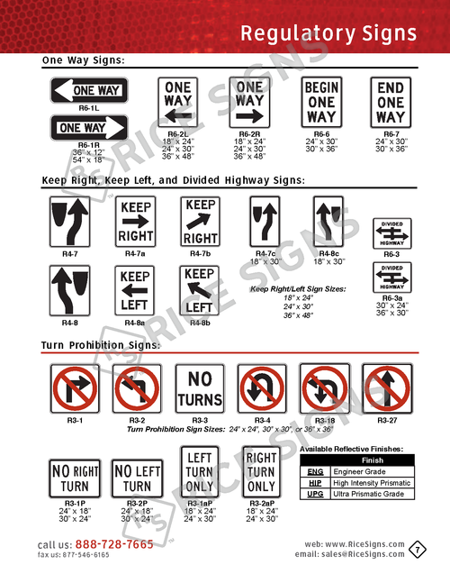 Rice Signs catalog page 7 — Regulatory Signs section continued, showing R6 One Way signs in left and right arrow variants, R4-7 Keep Right signs, R4-8 and R4-8a Keep Left signs, W6 Divided Highway signs, R3-1 No Right Turn, R3-2 No Left Turn, R3-3 No Turns, R3-4 No U Turn, and R3-27 No Turn On Red prohibition signs, plus a Reflective Performance Specifications reference table.