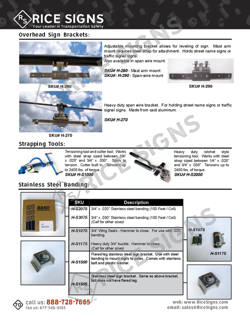 Rice Signs catalog page 70 — Hardware section showing Overhead Sign Brackets (H-270, H-280, H-290) for mounting signs on span-wire and mast-arm structures, Strapping Tools (H-120, H-121) used to tension and crimp stainless steel banding, and Stainless Steel Banding products (H-S1000 through H-S2075) in various widths and roll lengths for clamping signs to light poles, utility poles, and round posts without drilling.
