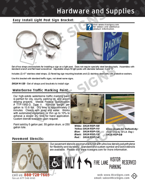 Rice Signs catalog page 71 — final Hardware and Supplies page showing Easy Install Light Pole Sign Brackets (snap-on style for non-destructive mounting on standard light poles), Waterborne Traffic Marking Paint cans in Yellow (DCM-W-YR), White (DCM-W-WT), Red, and Blue colors for parking lot striping and pavement marking, and Pavement Stencils including HANDICAP wheelchair symbols, FIRE LANE letters, VISITOR designations, RESERVED, ONLY, and STOP word-style stencils for parking-lot pavement marking applications.
