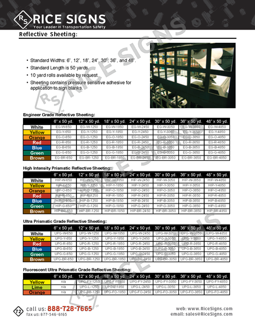 Rice Signs catalog page 72 — start of the Sign Sheeting and Supplies section with pricing tables for Reflective Sheeting in four grades: Engineer Grade Reflective Sheeting (ASTM Type I) for 7-year service life, High Intensity Prismatic Reflective Sheeting (Type IV) for 10 years, Ultra Prismatic Grade Reflective Sheeting (Type IX-XI) for 12 years, and Fluorescent Ultra Prismatic Grade Reflective Sheeting for highest daytime conspicuity. Standard widths 7 in, 12 in, 18 in, 24 in, 30 in, 36 in, and 48 in, with 50 yard roll lengths.