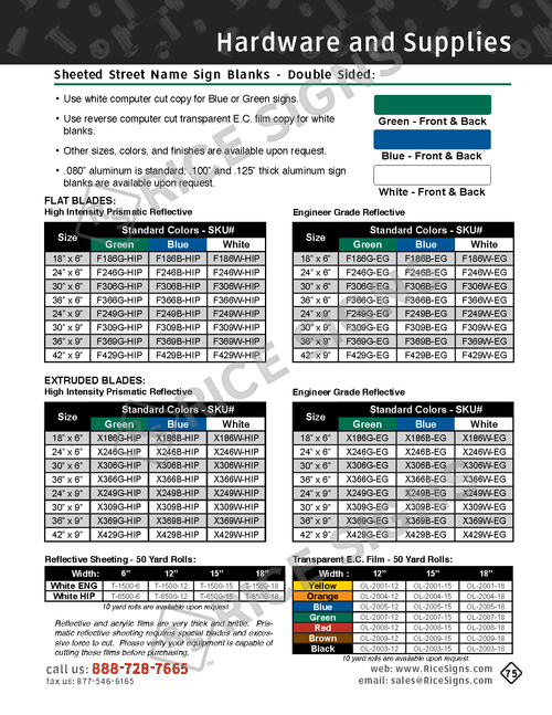 Rice Signs catalog page 75 — Sheeting and Supplies section showing Sheeted Street Name Sign Blanks in two construction types and two color schemes. Flat Aluminum Blanks (lighter weight, less expensive) and Extruded Aluminum Blanks (heavier with structural ribs for longer signs) are both available in Single-Color (Green only) for budget installations and Double-Color (Green & Black, Blue & Black, Brown & Black) where the legend area is one color and the border is another. Standard sizes 6 inch, 9 inch, and 12 inch tall in lengths from 12 inch up to 48 inch, with high-intensity prismatic reflective sheeting.