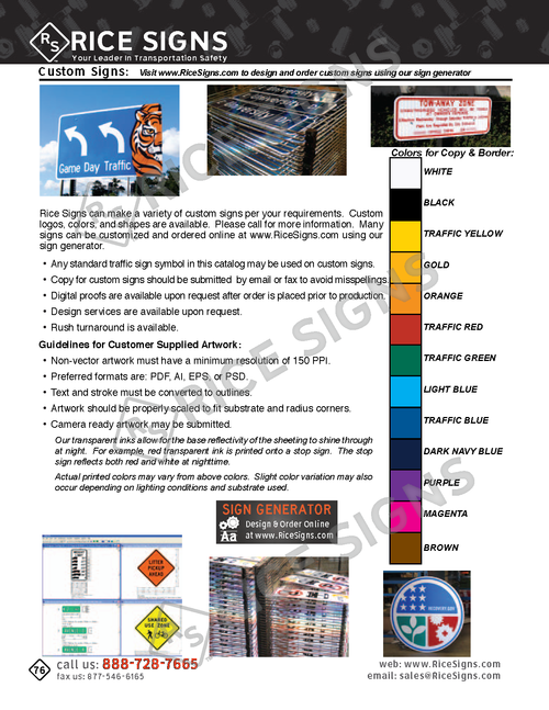 Rice Signs catalog page 76 — start of the Custom Signs section with the custom sign design and ordering process, examples of completed custom signs for parks, business campuses, schools, and municipal applications, a full color chart showing 28 available colors for copy or border (including MUTCD red, blue, brown, white, green, plus fluorescent and decorative options like burgundy, navy blue, kelly green, gold, orange, traffic red, royal blue, dark blue, traffic yellow, vivid orange, traffic blue, fluorescent yellow-green, fluorescent yellow, fluorescent orange), and the accepted artwork file formats (AI, EPS, PDF, JPG, PNG, TIFF) with minimum resolution requirements for production.