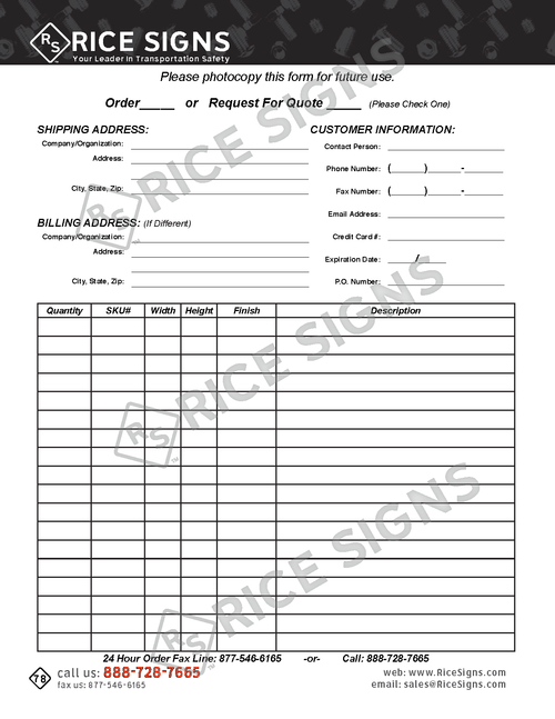 Rice Signs catalog page 78 — printable Order Form with two checkboxes (Order or Request for Quote), shipping address fields, billing address fields (if different from shipping), customer information fields (contact person, phone, fax, email, credit card, expiration date, P.O. number), and a 20-row line item table with columns for Quantity, SKU number, Width, Height, Finish, and Description. Footer shows the 24-hour fax order line at 877-546-6165 and the phone order line at 888-728-7665.