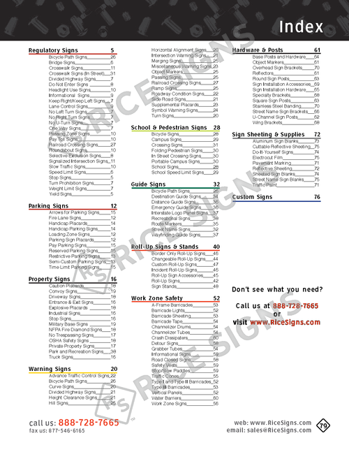 Rice Signs catalog page 79 — alphabetical Index of all catalog sections with their page numbers, organized into the 11 main TOC categories (Regulatory Signs starting on page 5, Parking Signs starting on page 12, Property Signs page 16, Warning Signs page 20, School and Pedestrian Signs page 28, Guide Signs page 32, Roll-Up Signs and Sign Stands page 40, Work Zone Safety page 50, Hardware and Posts page 61, Sign Sheeting and Supplies page 72, Custom Signs page 76), with sub-category listings for each main section.