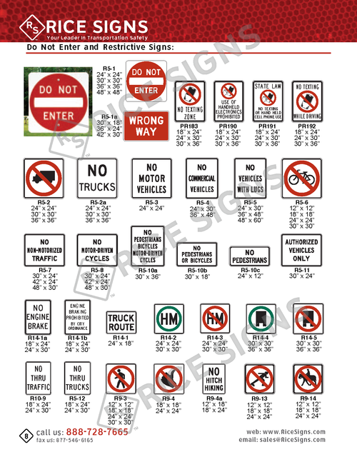 Rice Signs catalog page 8 — Do Not Enter and Restrictive Signs section showing R5-1 Do Not Enter signs, R5-1a Wrong Way signs, R5-2 No Trucks, R5-3 No Motor Vehicles, R5-4 No Commercial Vehicles, R5 series vehicle restrictions, R9-3 No Pedestrians, R9-4 No Bicycles, R9-13 and R9-14 hiker and equestrian restrictions, R14-1 Truck Route, R14-3 Hazardous Materials Route signs, and additional restrictive regulatory signage.