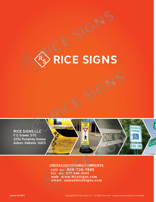 Rice Signs back cover with the Rice Signs logo prominent in the center, watermark Rice Signs text repeated across the page, photo of installed traffic signs on a Rice Signs U-channel post showing real-world deployment, and the company headquarters address (P.O. Drawer 3772, 2256 Pumphrey Avenue, Auburn, Alabama 36832) with all contact channels: phone 888-728-7665, fax 877-546-6595, email sales@RiceSigns.com, and website www.RiceSigns.com.