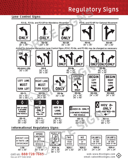 Rice Signs catalog page 9 — Regulatory Signs section showing R3-5L and R3-5R Mandatory Movement Lane Control signs (Left Turn Only, Right Turn Only), R3-6 and R3-7 Optional Movement Lane Control signs, R3-8 lane use control signs, R3-9 Reversible Lane signs, R3-10 Two-Way Left Turn Lane signs, R3-20 Left Turn Yield On Green signs, and R20-series informational regulatory signs including Speed Limit Enforced by Aircraft and Patrolled by Aircraft.