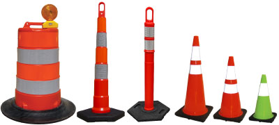 Six different traffic cones and channelizers shown in decending height.