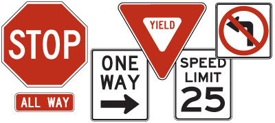 A picture of a stop sign, One way sign, No left turn, and speed limit