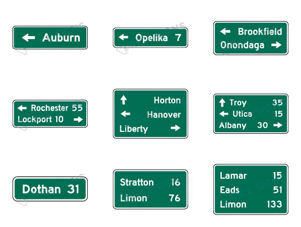 MUTCD Destination signs with city names and arrows