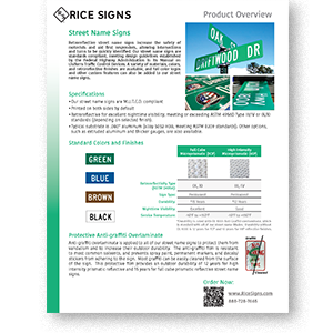 PDF spec sheet for street name signs