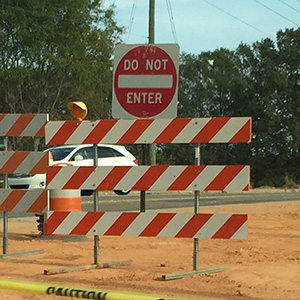 Picture of the do not enter signs installed on a barricade