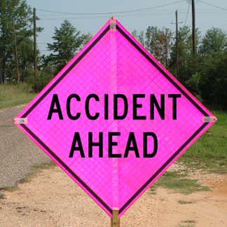 This sign is made of the fluorescent pink reflective roll-up material.  During the daytime, it is a vibrant, eye-catching, fluorescent pink color.  When lights shine on it at night, it reflects a vivid pink that is sure to catch any motorist's attention.  Save lives by alerting oncoming traffic to accidents.