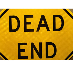 Up-close picture of our Dead End road sign showing the black lettering on a yellow background