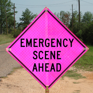 This sign is made of the fluorescent pink reflective roll-up material.  During the daytime, it is a vibrant, eye-catching, fluorescent pink color.  When lights shine on it at night, it reflects a vivid pink that is sure to catch any motorist's attention.  Save lives by alerting oncoming traffic to accidents.
