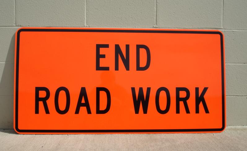 Our 48"x24" End Road Work sign on prismatic reflective aluminum.