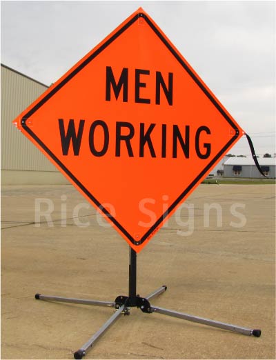 36"x36" Non-Reflective Vinyl Men Working Roll-Up Sign pictured below with the optional RU3000 Folding Leg Sign Stand