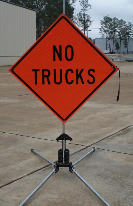 No Trucks Roll-Up Sign shown with our optional RU5000 roll-up sign stand. 