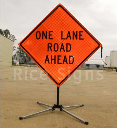 One Lane Road Ahead roll-up sign shown with RU3000 sign stand (sold separately).