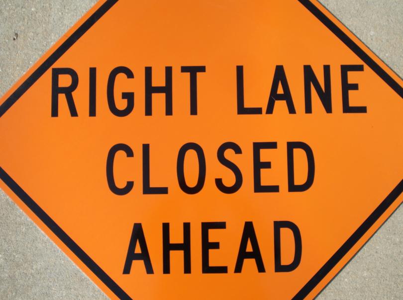 Up-close photo of our Right Lane Closed Ahead contruction sign