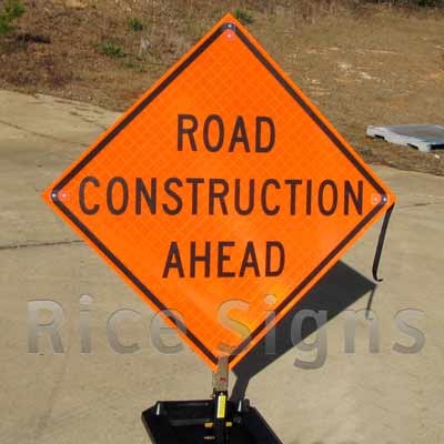 Reflective Roll-up 36" x 36" Road Construction Ahead Sign pictured below with optional RURubber Sign Stand.