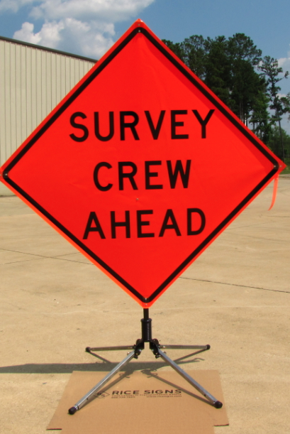 48"x48" Non-Reflective Vinyl Survey Crew Ahead roll-up sign with optional RU4000 single spring folding roll-up sign stand.