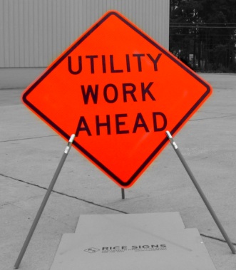 A photo of our Utility Work Ahead sign with optional tripod sign stand (SKU# RU2000)