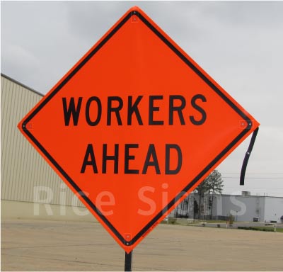 A picture of our 36"x36" Workers Ahead Roll-up Sign