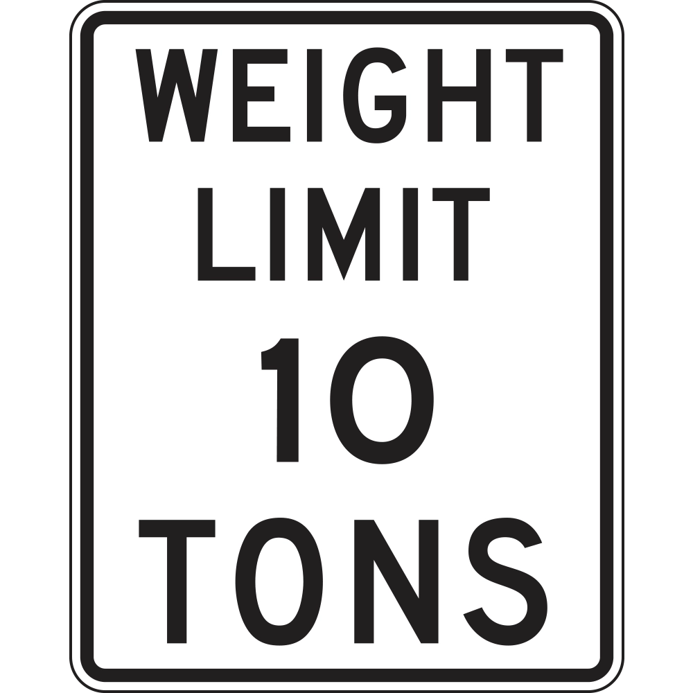 The MUTCD R12-1 Weight Limit sign is a vertical rectangular white regulatory sign with bold black text reading WEIGHT LIMIT 10 TONS. It features a thin black border with rounded corners. This sign is used to notify drivers of the maximum allowable gross vehicle weight on a roadway or structure, ensuring compliance with posted weight restrictions to protect infrastructure from damage.