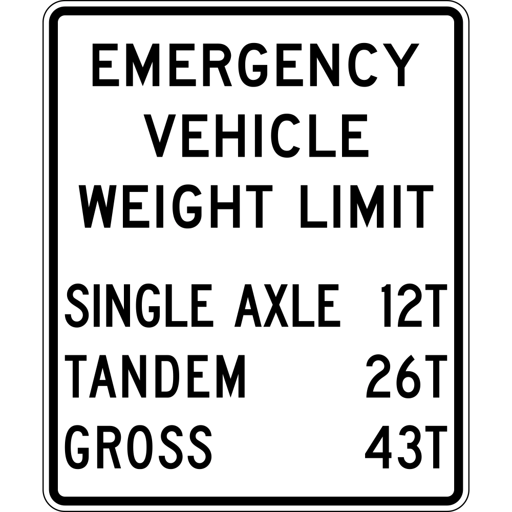The R12-7 is a vertical rectangular sign with rounded corners, a white background, and a black border with an inner border line. The upper portion displays the centered heading 'EMERGENCY VEHICLE WEIGHT LIMIT' in bold black uppercase letters across three lines. The lower portion lists three weight categories—SINGLE AXLE 12T, TANDEM 26T, and GROSS 43T—in left-justified black uppercase text with the tonnage values aligned to the right.