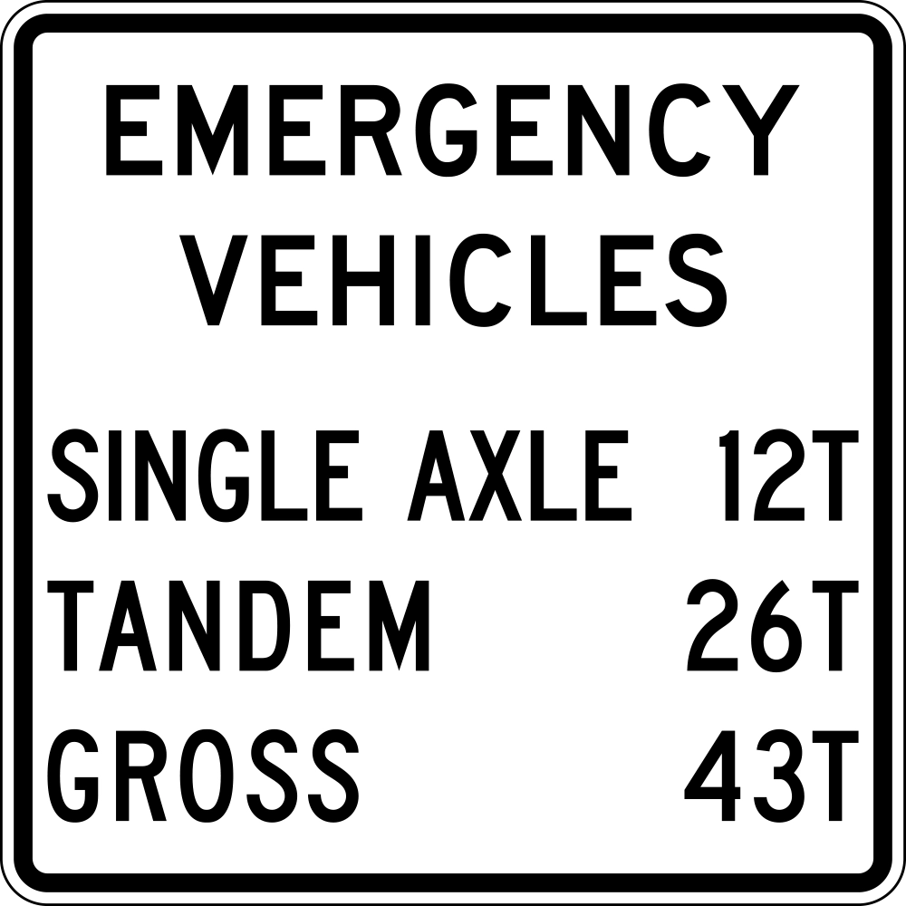 The R12-7aP is a square-shaped regulatory plaque with a white background, black legend text, and a black border with rounded corners. The sign reads EMERGENCY VEHICLES at the top, followed by three lines listing SINGLE AXLE 12T, TANDEM 26T, and GROSS 43T, with no symbols or graphics present. All text is uppercase, left- and right-justified in bold black sans-serif lettering against the clean white field.