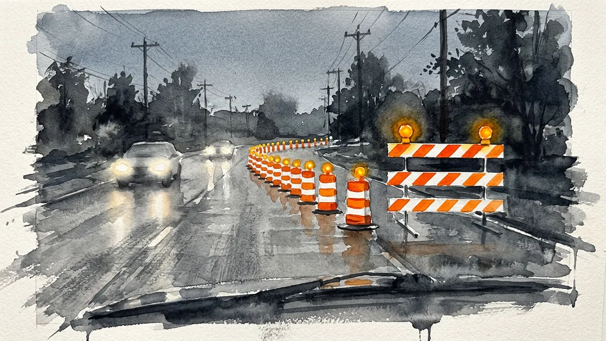 Watercolor of a work zone at dusk with amber barricade lights on a Type 3 barricade and steady lights on a taper of channelizer drums.