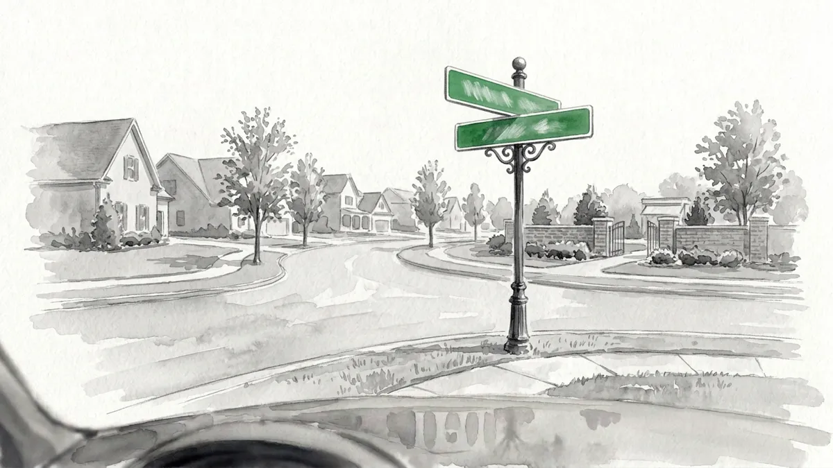 Watercolor of a neighborhood intersection with two green street name signs on a decorative black post, with homes and a brick entrance wall behind.